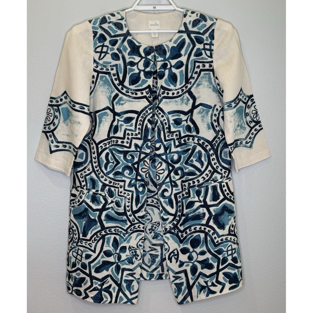 Chico's Womens Jacket Size 1 Blue and Cream Artisan Batik Print Linen 3/4 Sleeve